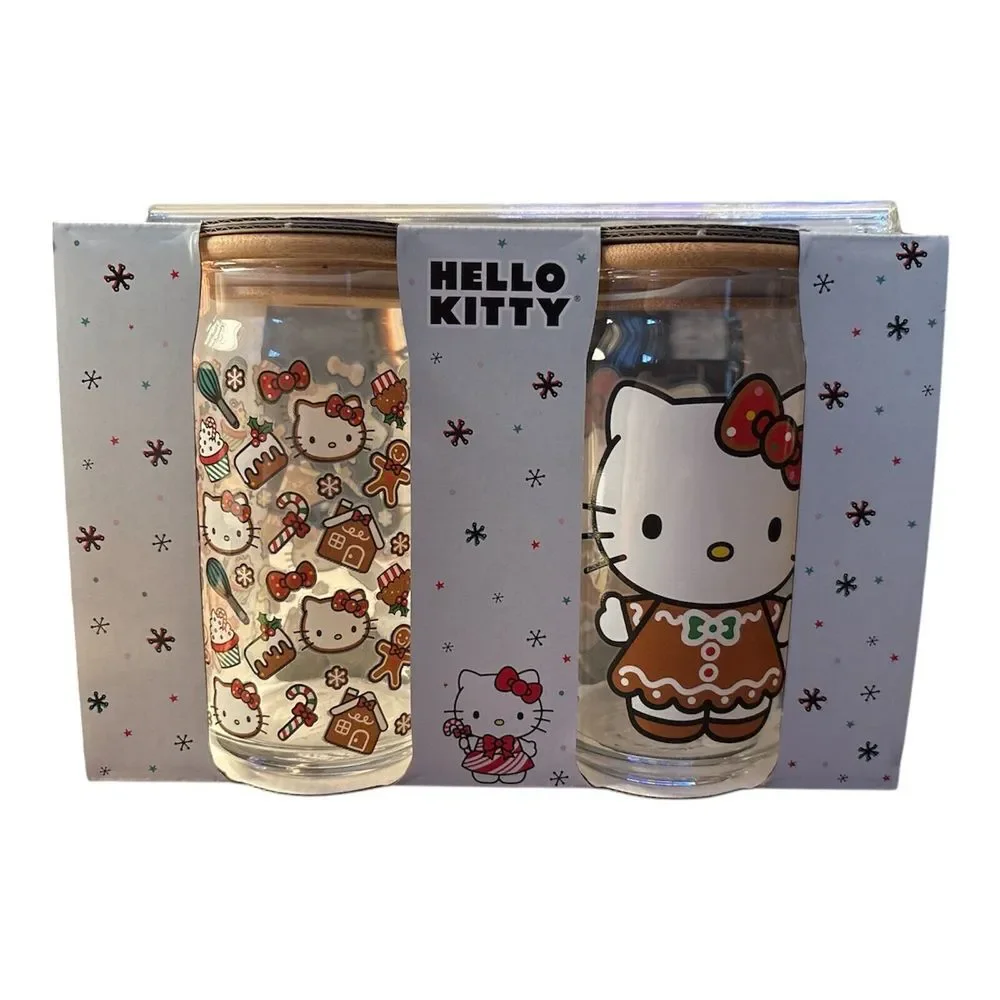 Hello Kitty‎ Christmas Gingerbread Glass Tumbler W/ Straw 16oz Set of 2